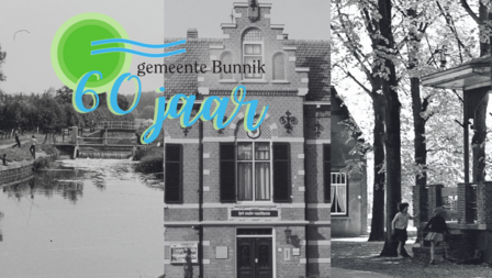 Zwart-wit foto's van plekken in de drie dorpen met het 60 jaar gemeente Bunnik logo